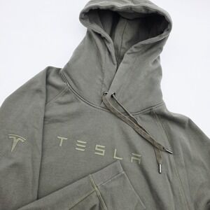 Tesla‎ Men's XL Olive Green Logo Hoodie Sweatshirt Cotton Polyester Pullover